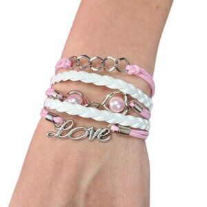 3/$20 Womens Love Stack Bracelet Pink Silver Plated Fashion Jewelry Adjustable
